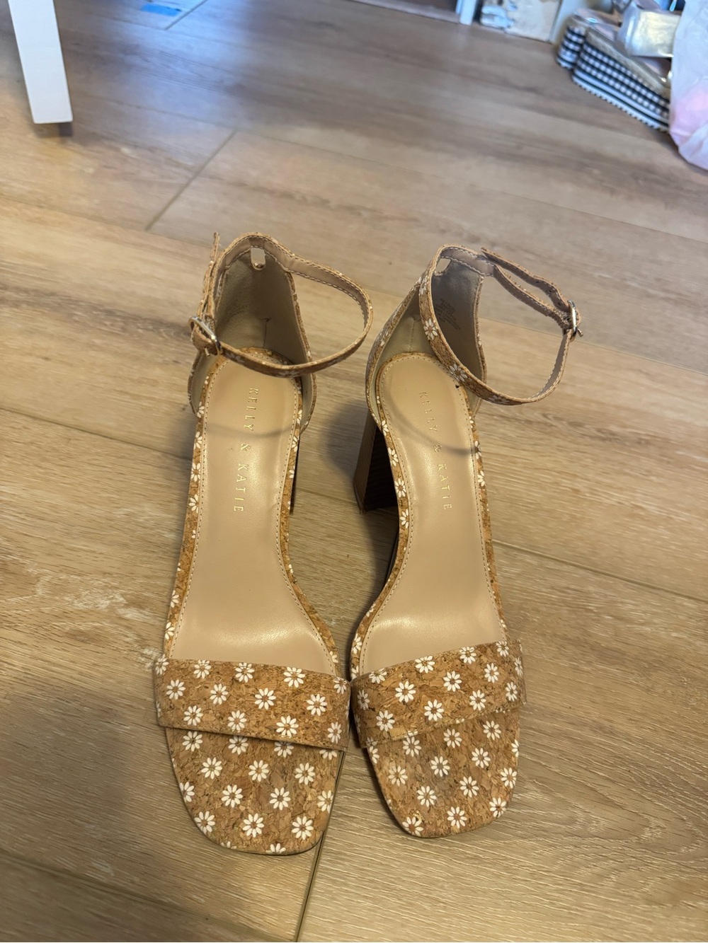 Kelly & Katie Tan Floral Daisy Ankle-Strap Block Heels